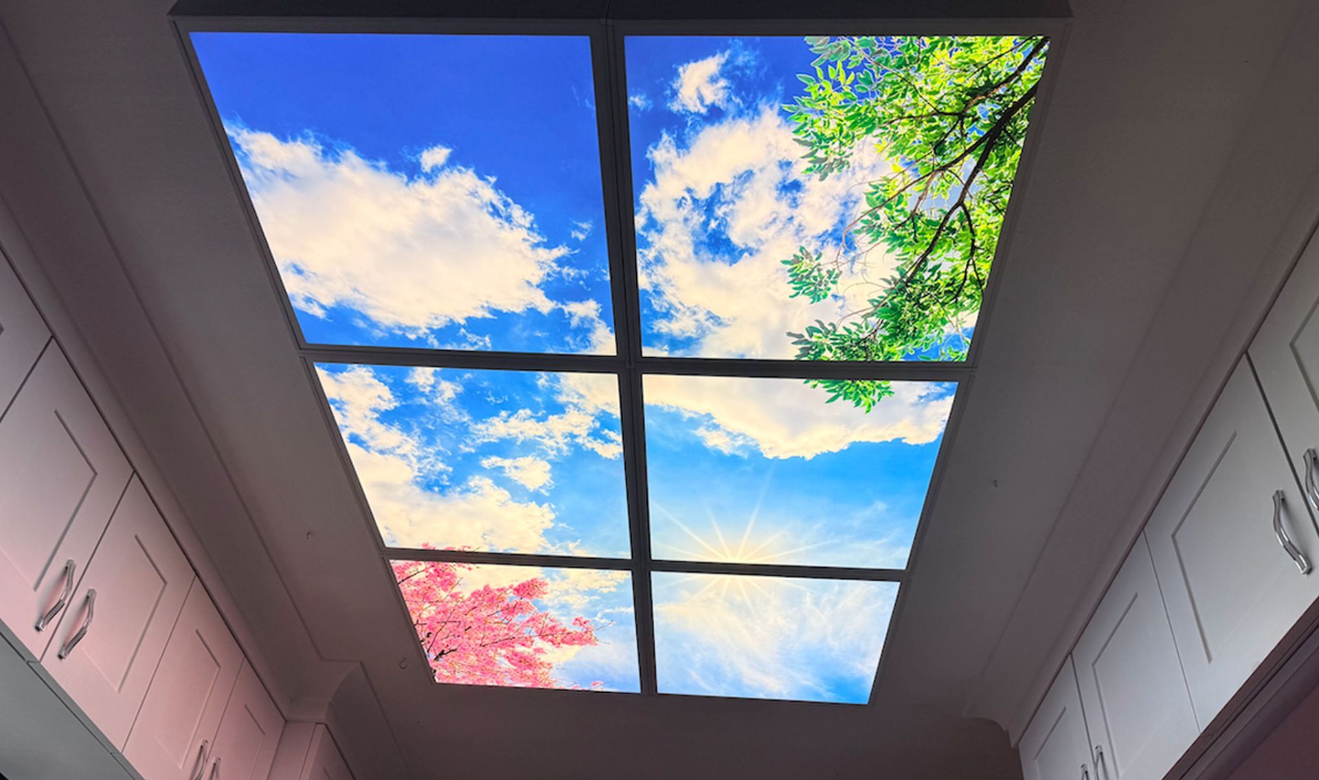 LED sky ceiling panels with blue sky and tree design installed indoors