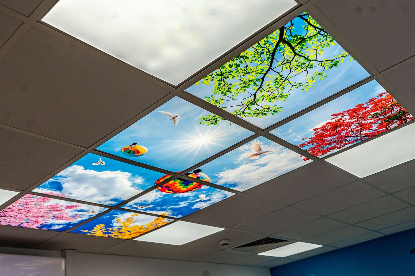 LED sky ceiling panels with blue sky, trees and clouds installed in suspended ceiling