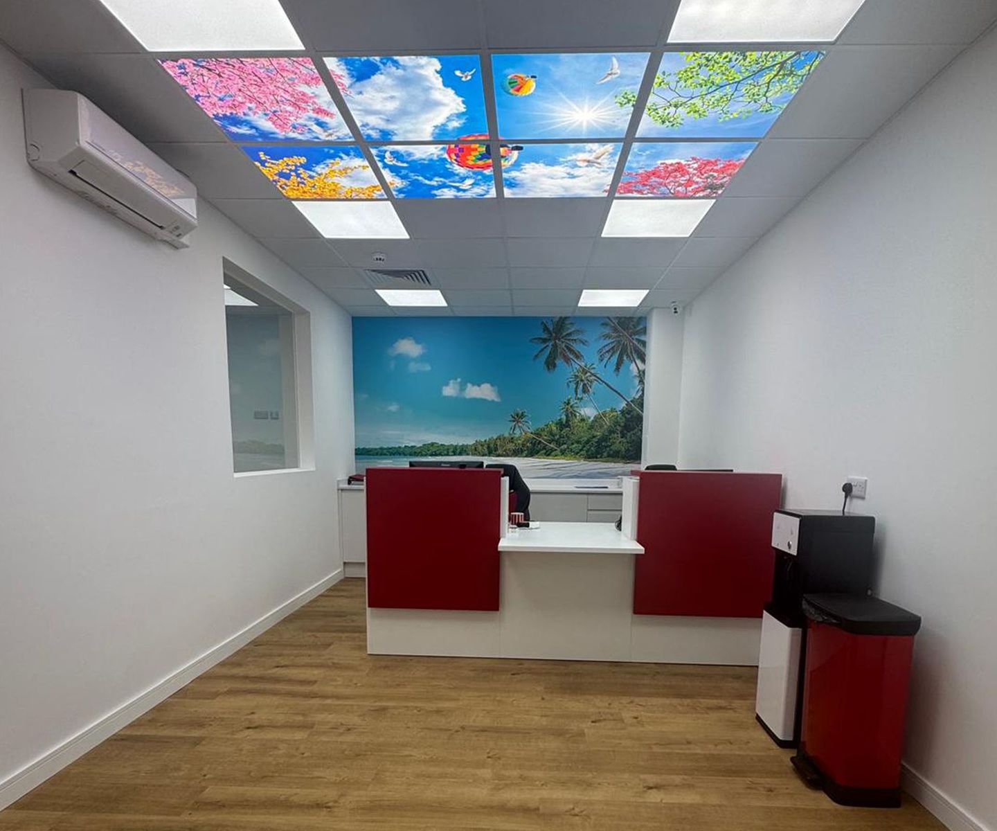 LED sky panels installed in clinic reception ceiling