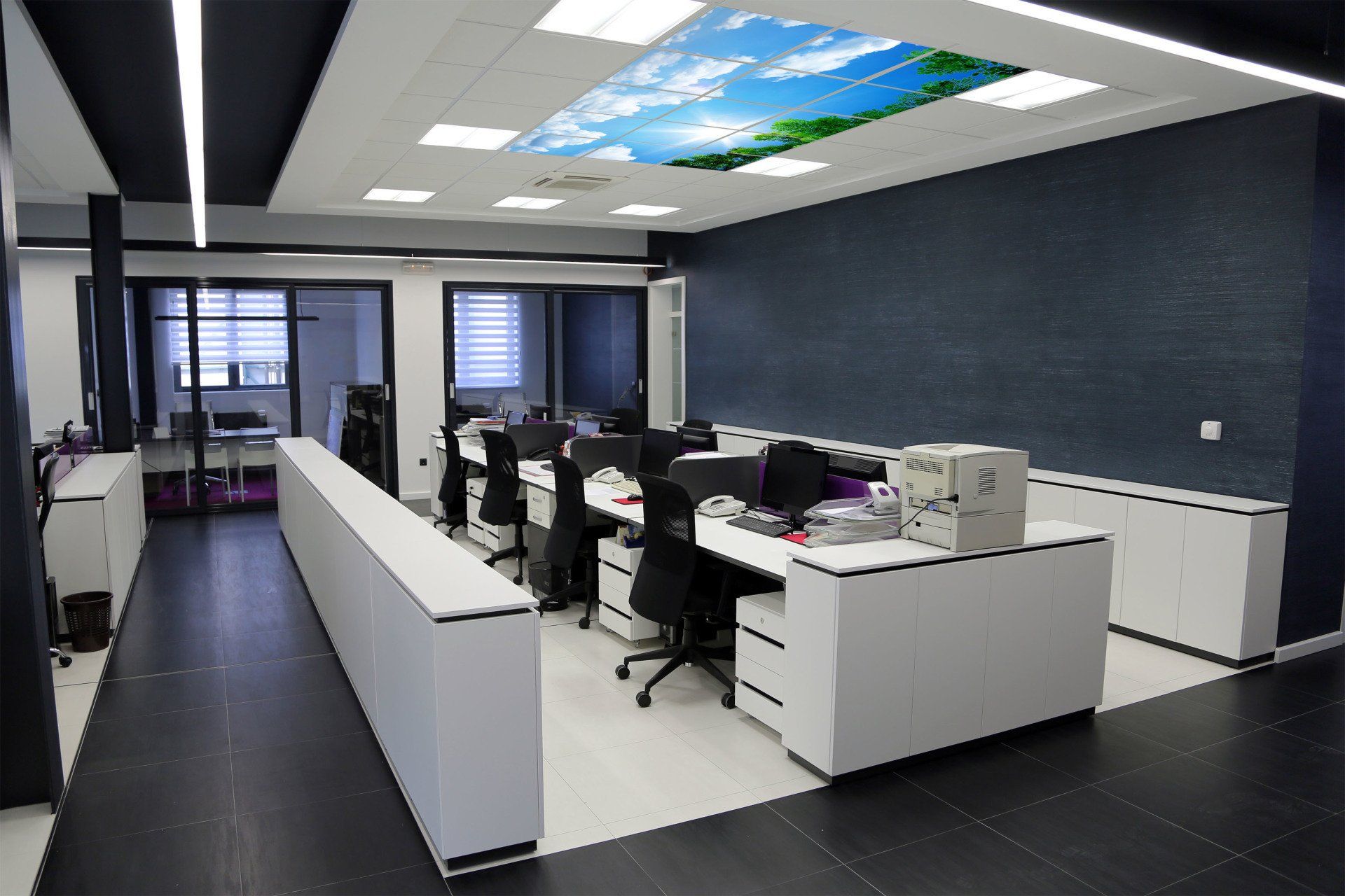 Modern office with LED sky ceiling panels showing realistic sky view, artificial skylight lighting panels 600x600 UK