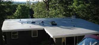 Flat roof on a house with trees in the background; it's a sunny day.