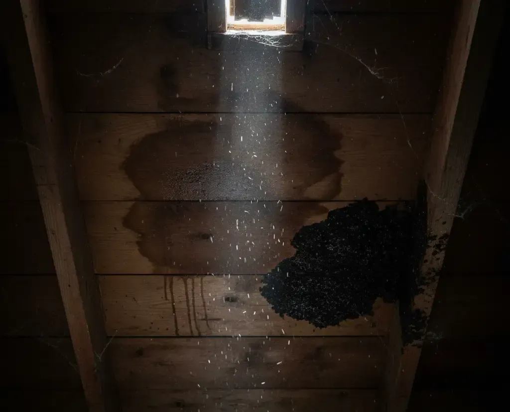 View inside an attic showing a large water stain and black mold growth on the wooden structure.