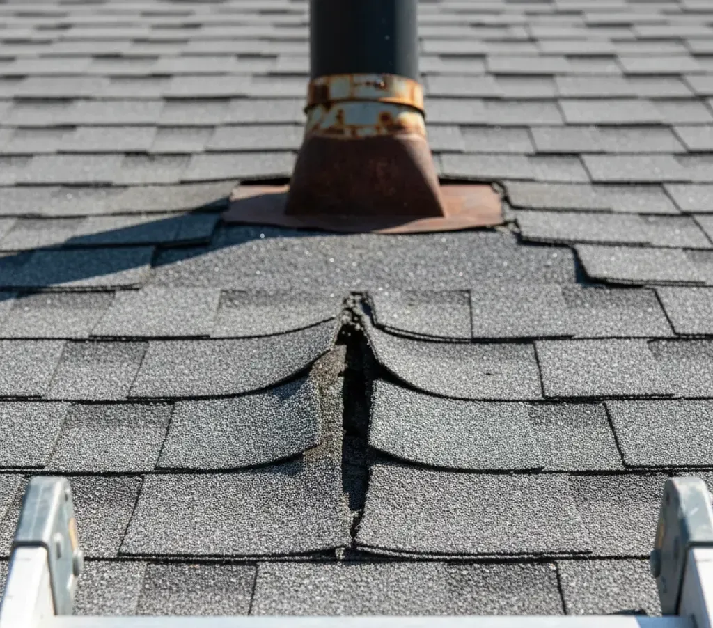 Close-up view of cracked, curling, and granule-loss on asphalt roof shingles with damaged flashing.