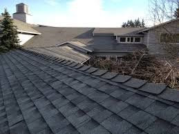 A dark gray shingled roof on a house with other roof sections and a chimney.