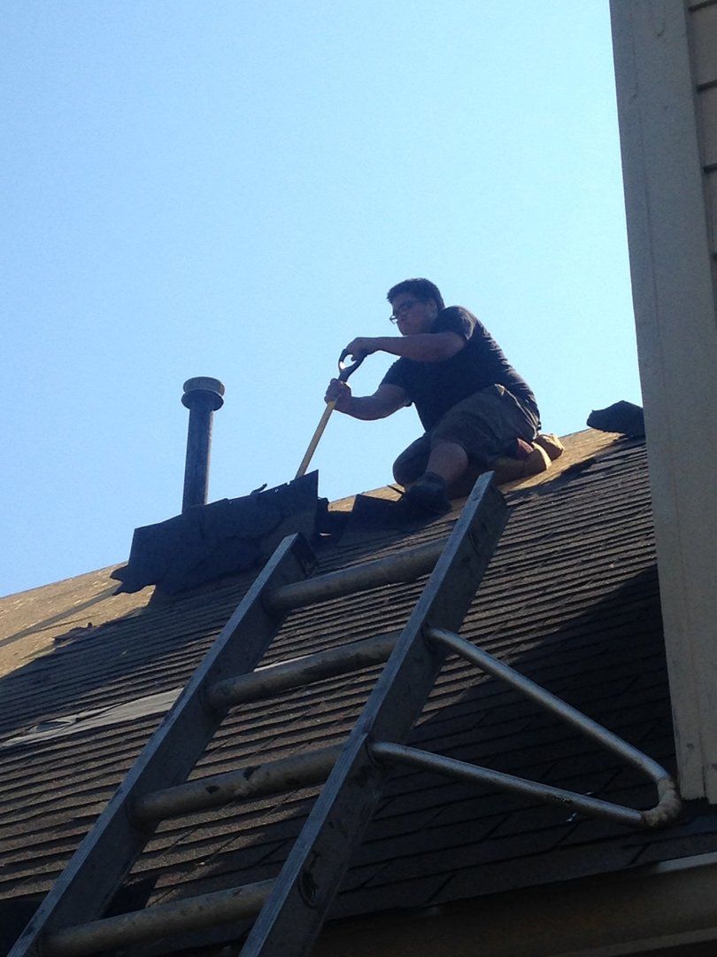 Man on roof repairs chimney with a tool. Ladder extends to roof. Clear blue sky.