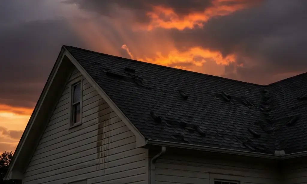 A dramatic view of a Memphis home at dusk with a damaged roof against a stormy sky.