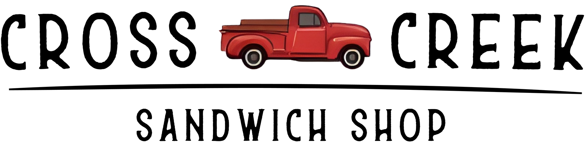The logo for cross creek sandwich shop has a red truck on it.