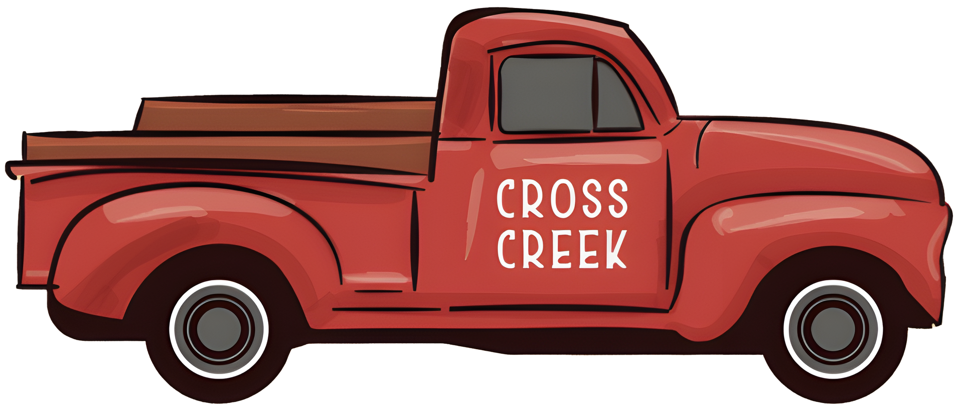 A red truck with the word cross creek on the side.