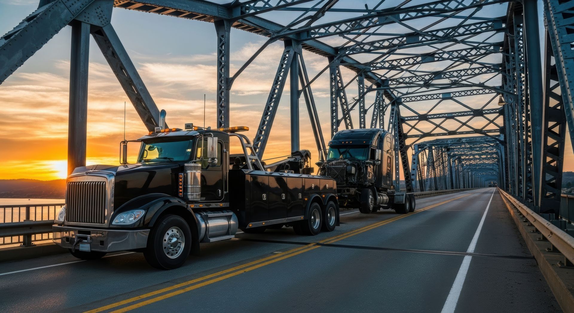 Tow truck towing a semi-truck across a bridge at sunset.