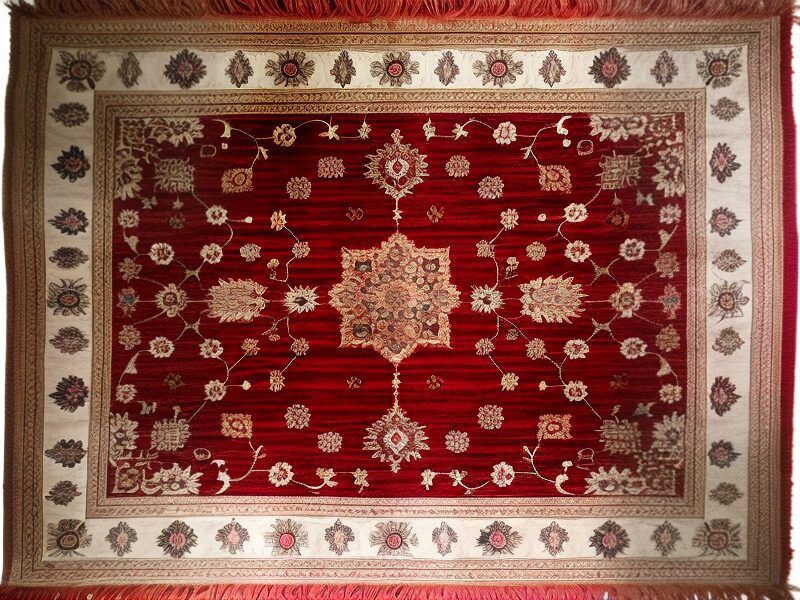 Red and cream patterned oriental rug with a central medallion and floral border