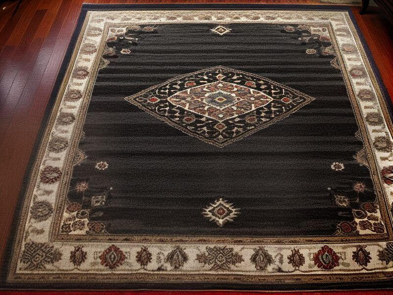 Dark patterned area rug with beige border and central diamond motif on a wooden floor.