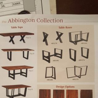Catalog page for The Abbington Collection showing table tops, bases, and design options with product sketches.