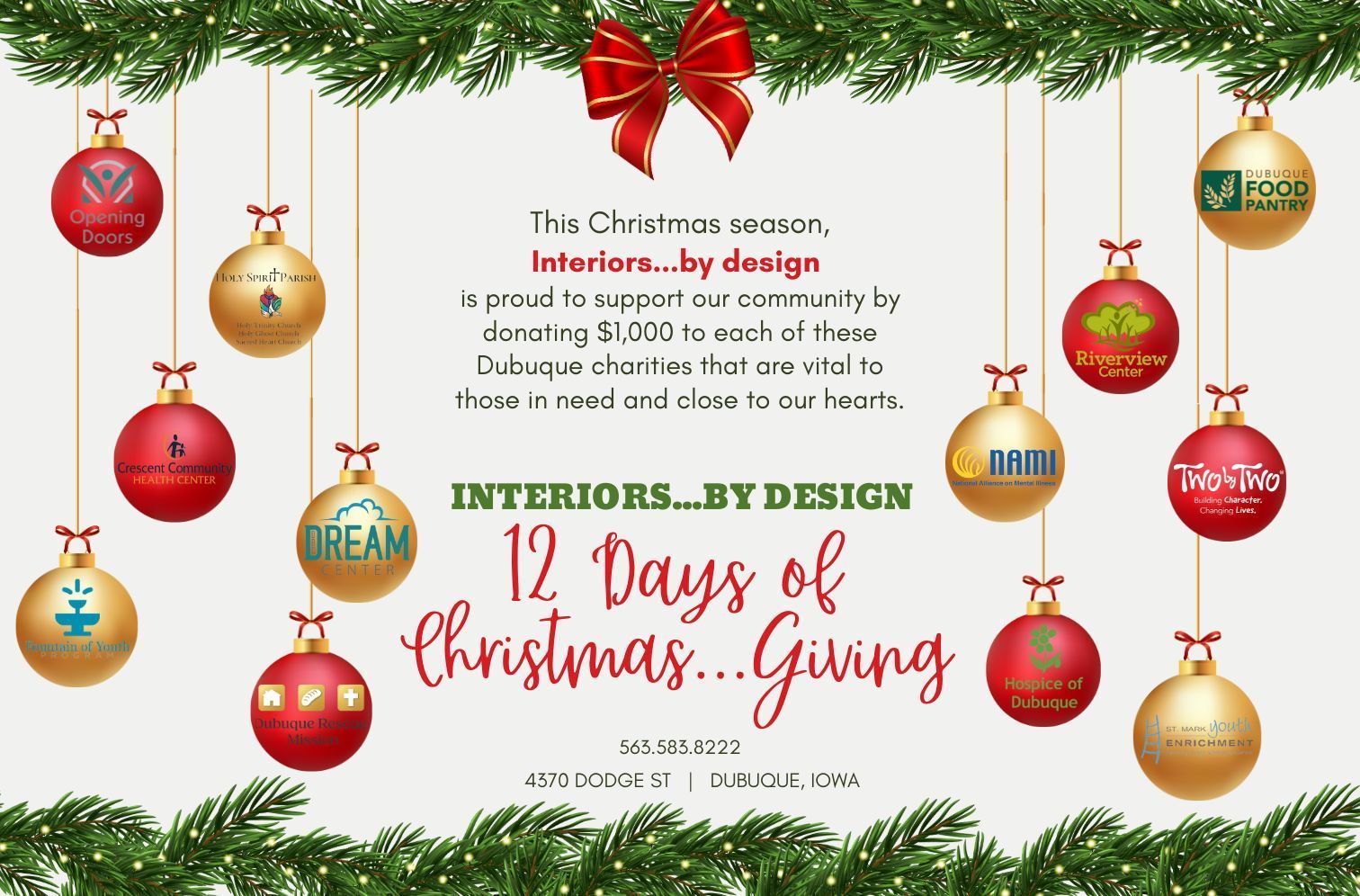 Christmas-themed “12 Days of Christmas” giving flyer with red and gold ornaments and green garland border