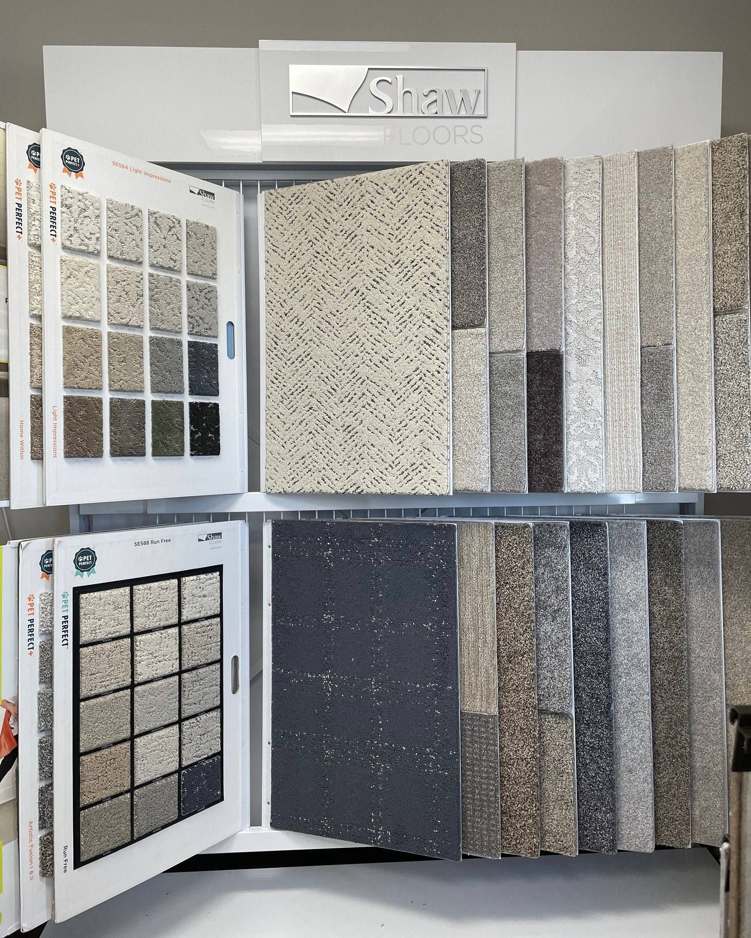 Display of stone and tile samples on a showroom rack