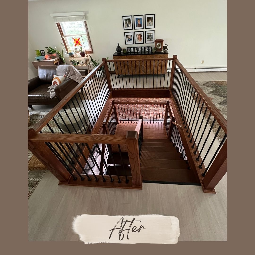 Indoor staircase opening with brown wooden railings and a landing, viewed from above, labeled “After”