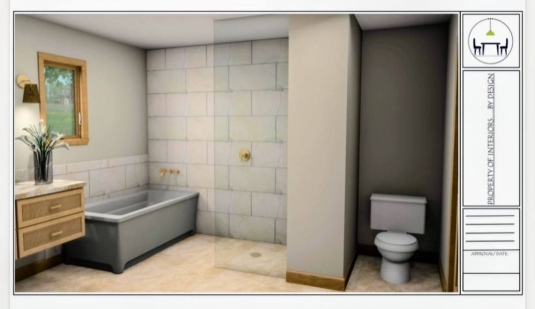 Modern bathroom with bathtub, tiled shower wall, vanity, and toilet in a beige-gray interior