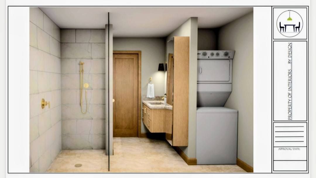 Small bathroom rendering with shower, sink, toilet, and wood cabinetry in beige tones