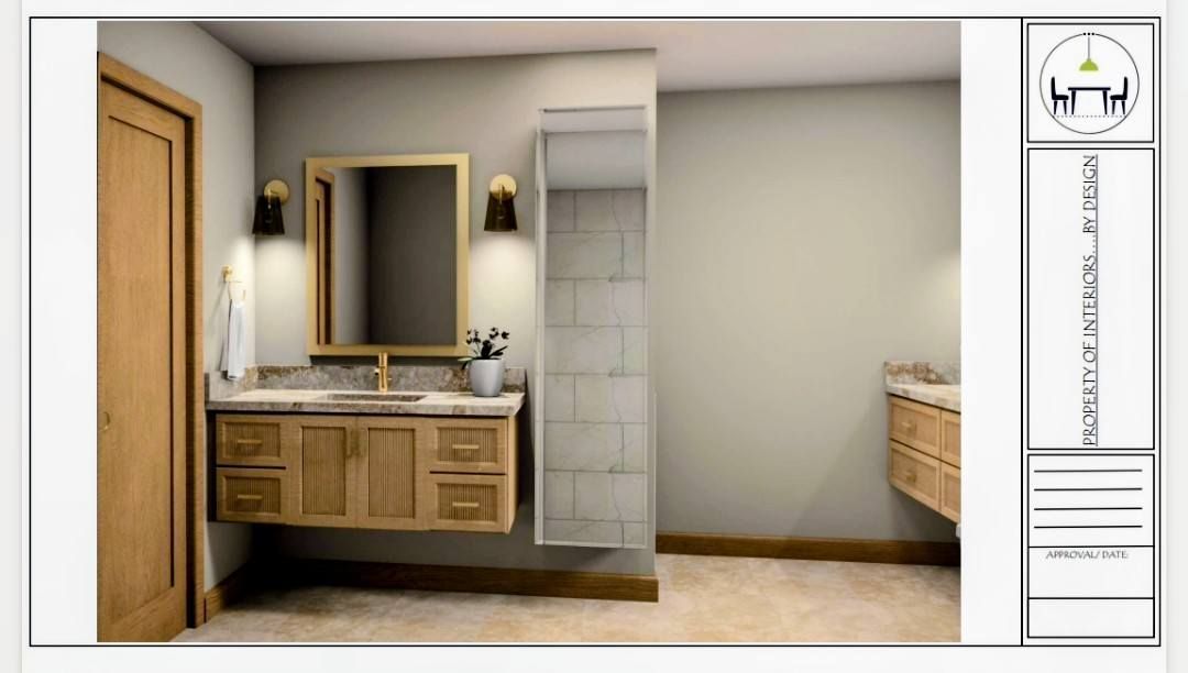 Interior bathroom design rendering with wooden vanity, mirror, glass shower, and beige walls