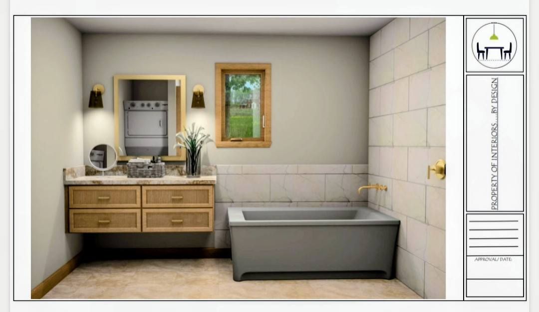 Modern bathroom with wooden vanity, wall mirror, window, and gray bathtub in a tiled room