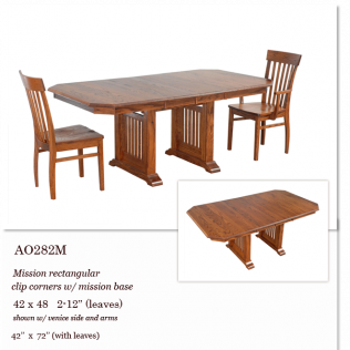 Brown rectangular dining table with matching chairs and pedestal base, shown with a smaller inset view