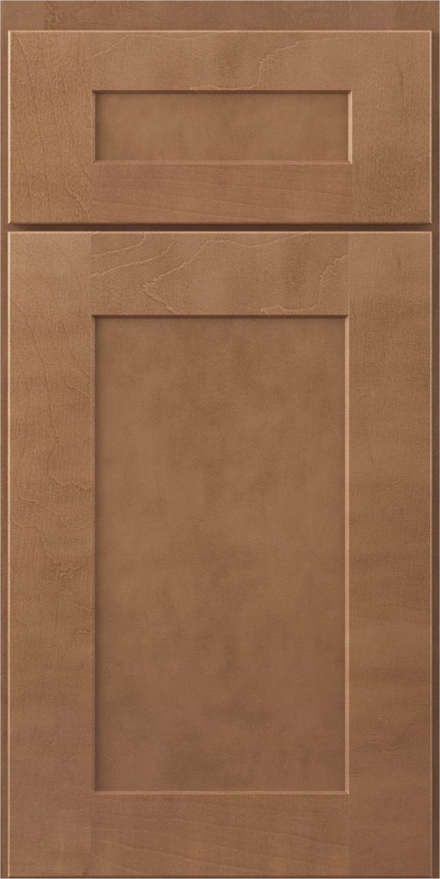 Brown wood cabinet door with a small top drawer and a large lower panel