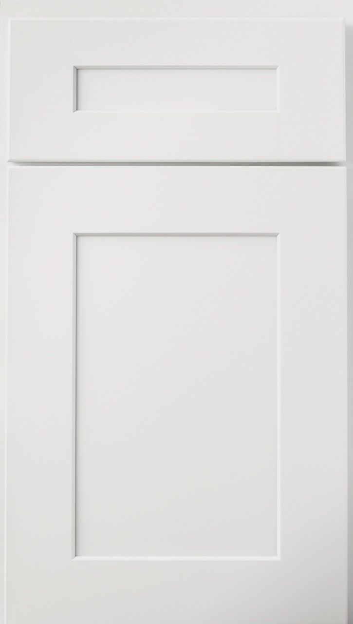 White cabinet with a small top drawer and a larger lower door, shown front-facing.