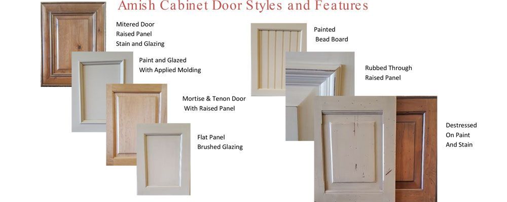 Chart of Amish cabinet door styles, showing wood frame samples and labeled inset, raised, and flat designs