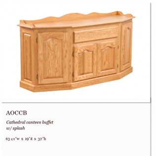 Light wood cathedral center buffet with a top shelf and cabinet doors