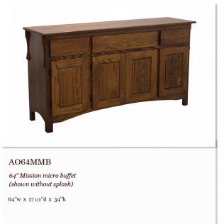 Brown wooden Mission-style 64-inch buffet with four paneled cabinet doors and a flat top