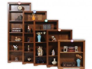 Wooden stepped bookshelf displaying books, figurines, and vases on a white background