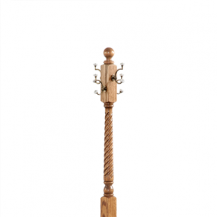 Wooden coat rack with carved top and twisted central post, featuring multiple metal hooks