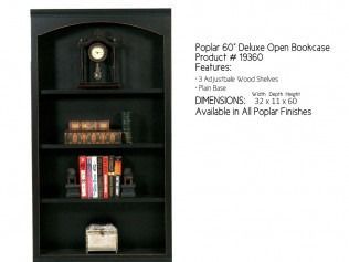 Black poplar bookcase with decorative clock and books on shelves, product listing text at right