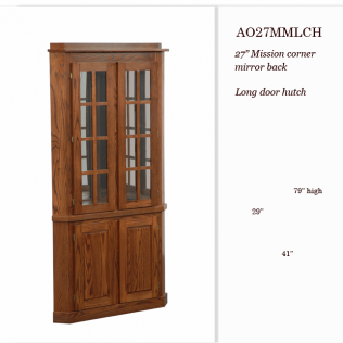 Wooden Mission corner mirror back hutch with glass-front doors and lower cabinets, shown with dimensions.
