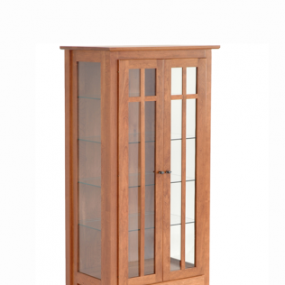 Wooden glass-front cabinet with a honey finish and two doors on a white background