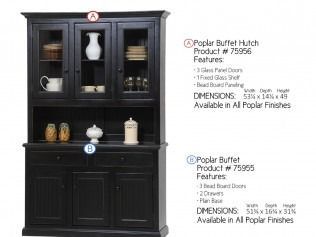 Black hutch cabinet with glass doors, lower cabinet, and product details on the right.