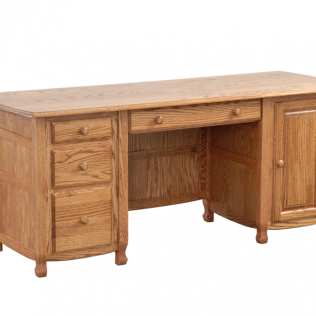 Wooden desk with drawers on the left and right, featuring a central knee space and cabinet doors