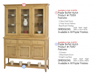 Wooden hutch cabinet with glass doors, drawers, and lower storage shelves in a light oak finish.