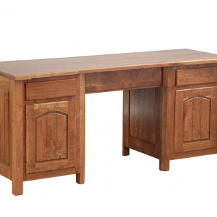 Wooden office desk with cabinet doors on both sides and a central knee space