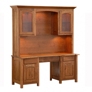 Wooden hutch desk with upper cabinets and glass doors, shown against a white background