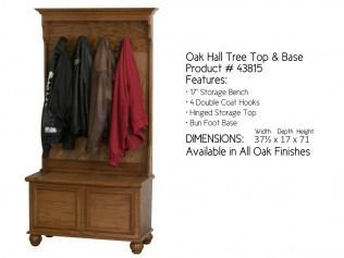 Oak hall tree with top shelf, coat hooks, storage shelf, bench, and lower cabinet in dark wood finish