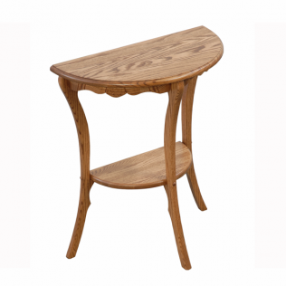 Small wooden half-moon side table with a lower shelf on a white background