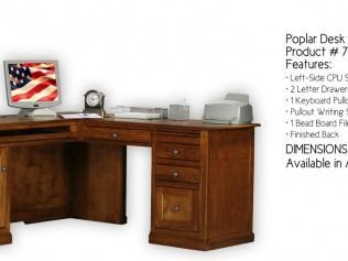 L-shaped brown wooden office desk with computer, printer, and lamp in a showroom display