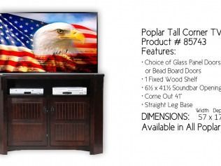 Dark wood TV stand with American flag TV display and product text listing features and dimensions