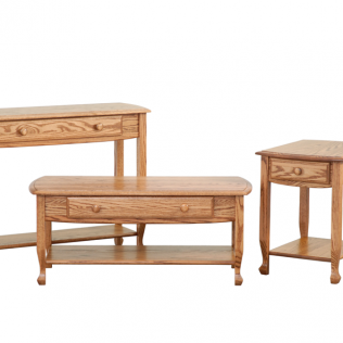 Three light wood side tables with carved legs on a white background