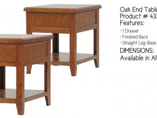 Two oak end tables with drawer, finished back, and straight legs on white background.