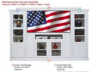 White entertainment wall unit with TV, cabinets, shelves, and a large American flag display screen