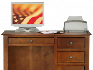 Desktop computer and printer on a brown wooden desk with drawers