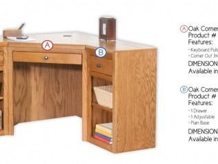 Corner oak computer desk with drawer, keyboard tray, and right-side bookcase shelves.