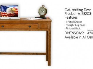 Oak writing desk with American flag decor and clock, shown with product features and dimensions text