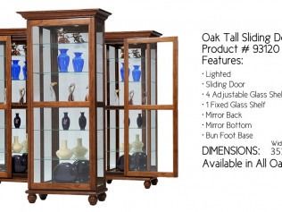 Oak wood glass display cabinet with sliding doors and blue vases inside